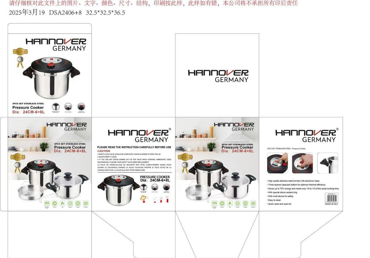 Hannover Germany 3 in 1 Stainless Steel Pressure Cooker 6+8L & Steamer