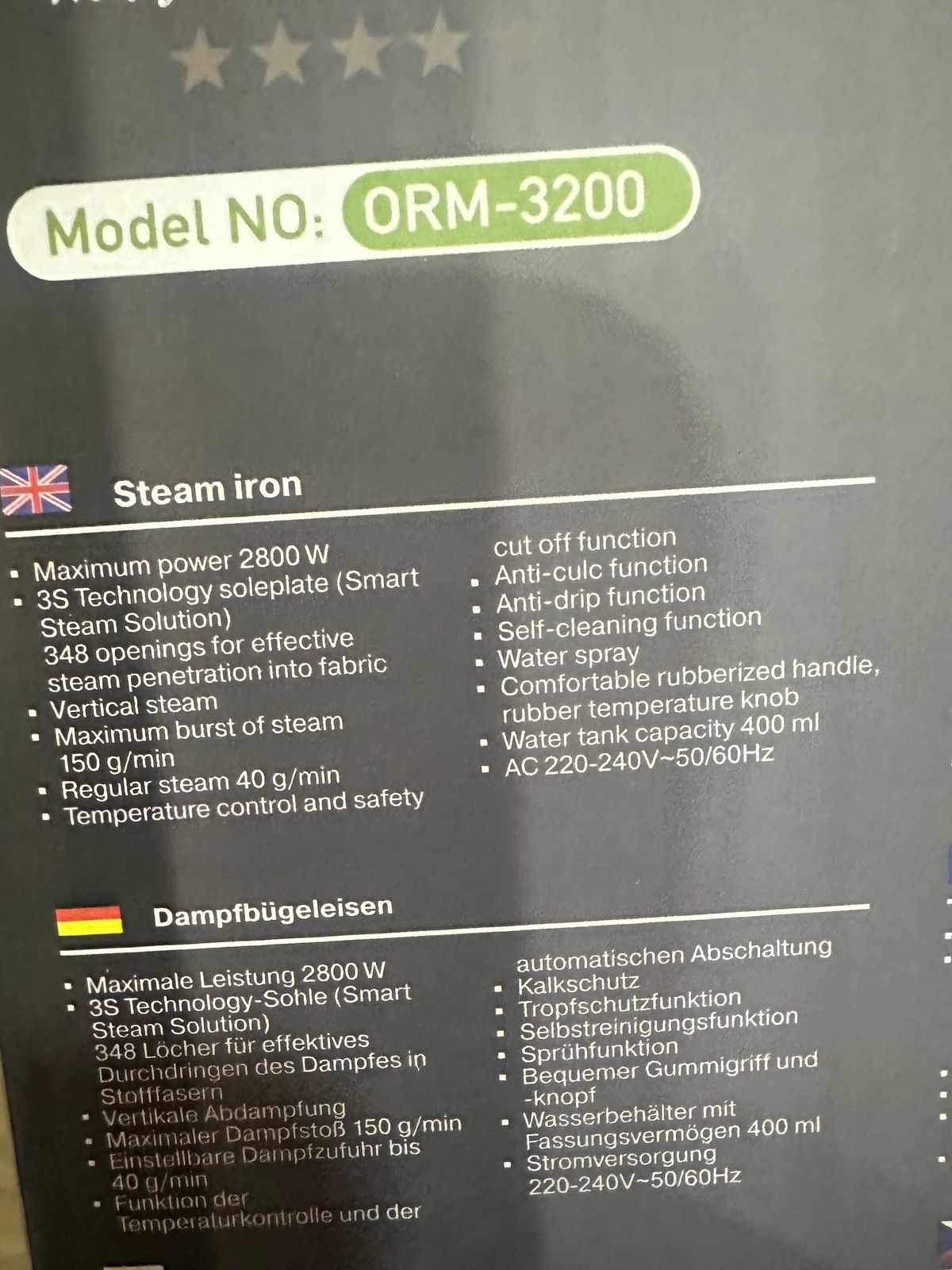 Russian Lot ORVICA Steam Iron 2800W