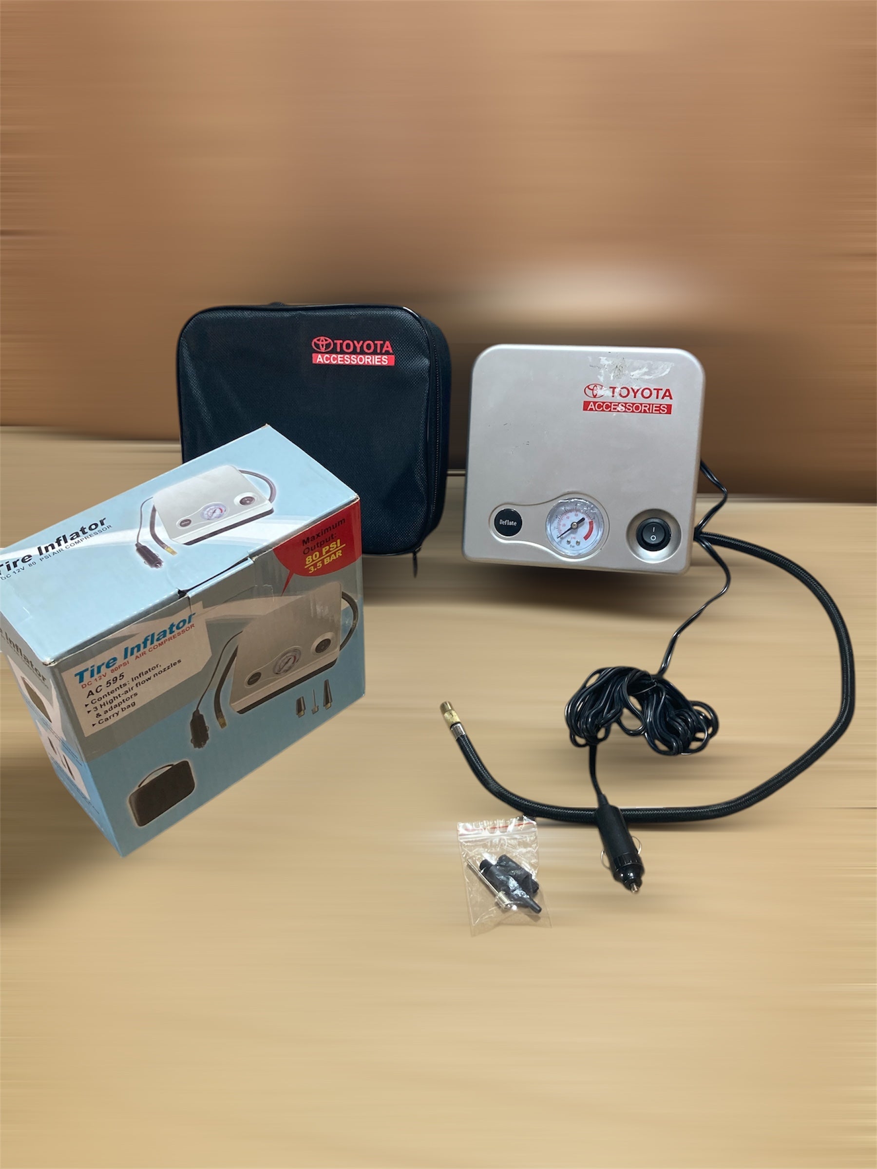 Toyota Tire Inflator/Air Compressor With 3 High Air Flow Nozzles & Adaptors