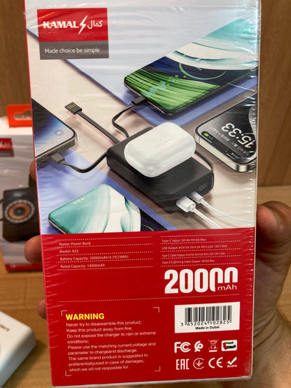 Kamal 20,000mAh Wireless & 3 Built-in Cables Power Bank 25W K25