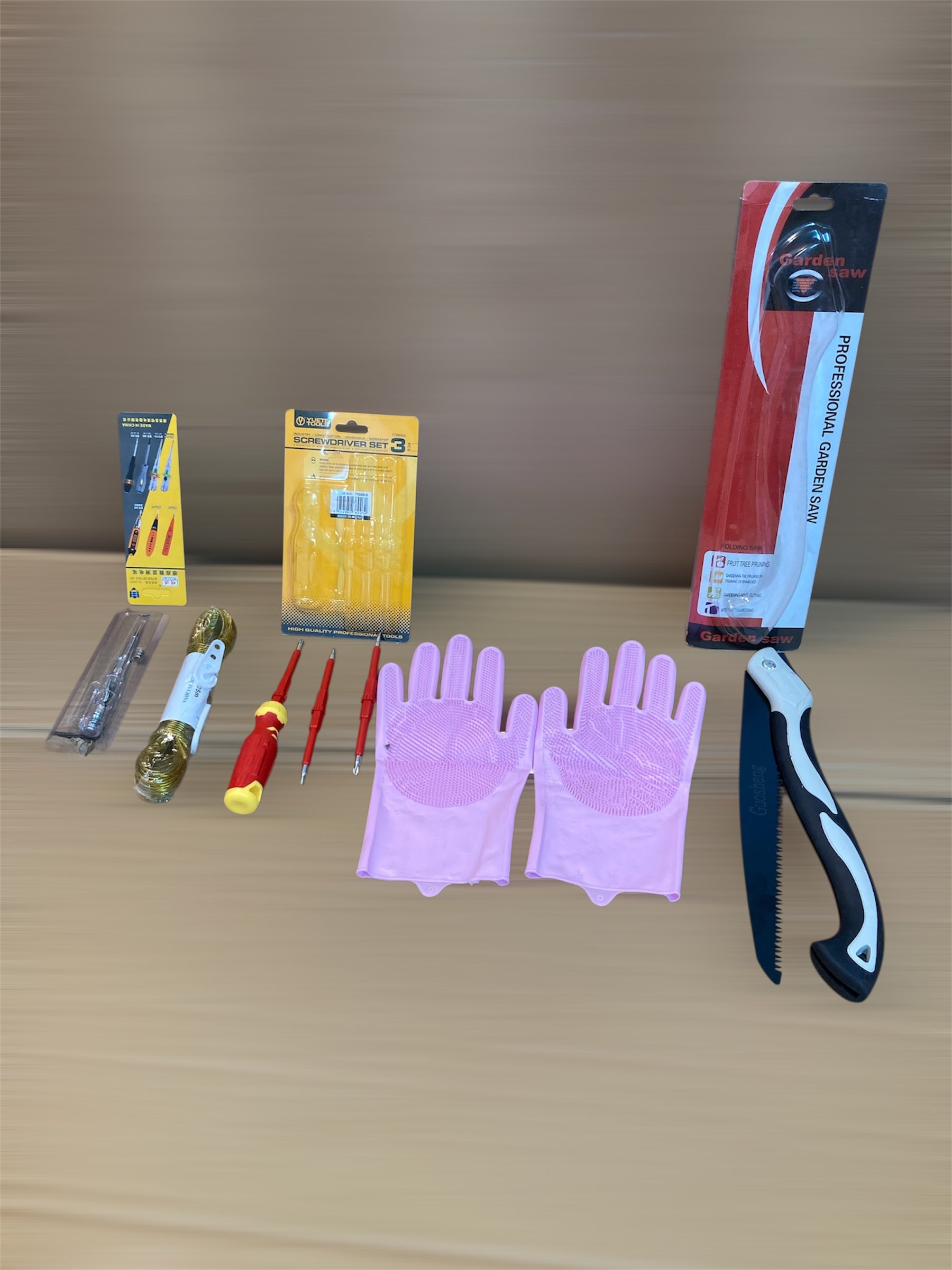 Ultimate Home Essentials Combo – Hand Saw, Silicone Gloves, Screwdriver Set, Drying Wire & Electrical Tester