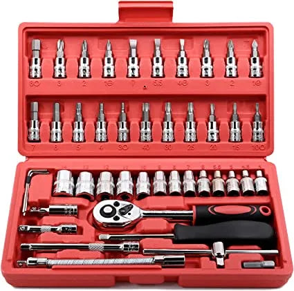 46 PCS Metric Socket Wrench & Bit Set – 1/4" Drive Ratchet Tool Kit with Extension Bar for Car, Bike, and Home Repairs – Durable Storage Case Included