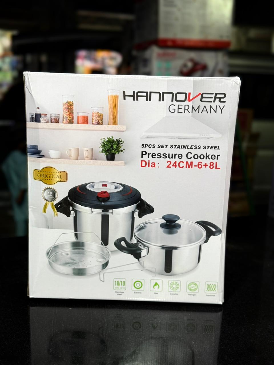 Hannover Germany 3 in 1 Stainless Steel Pressure Cooker 6+8L & Steamer
