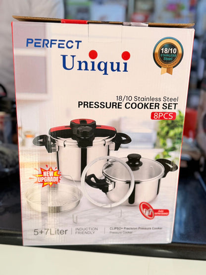 Perfect Unique 5+7L 18/10 Stainless Steel Pressure Cooker with Steamer & Glass Lid