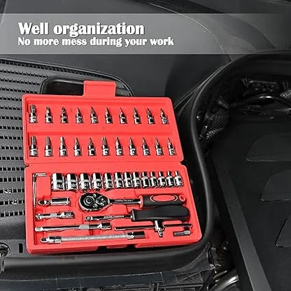 46 PCS Metric Socket Wrench & Bit Set – 1/4" Drive Ratchet Tool Kit with Extension Bar for Car, Bike, and Home Repairs – Durable Storage Case Included