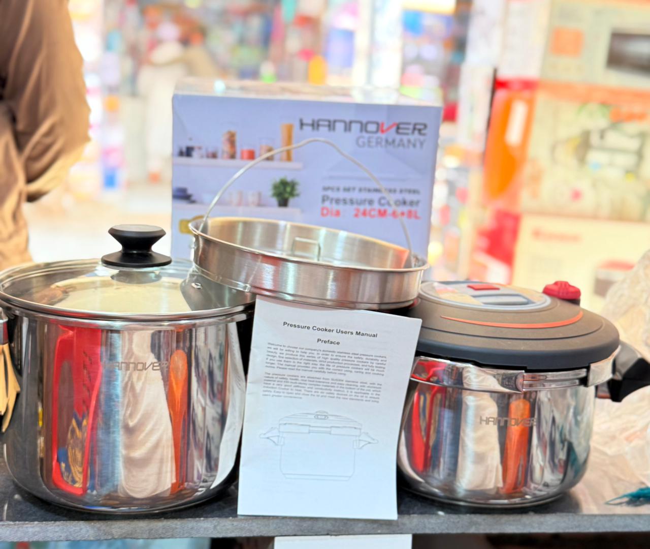 Hannover Germany 3 in 1 Stainless Steel Pressure Cooker 6+8L & Steamer