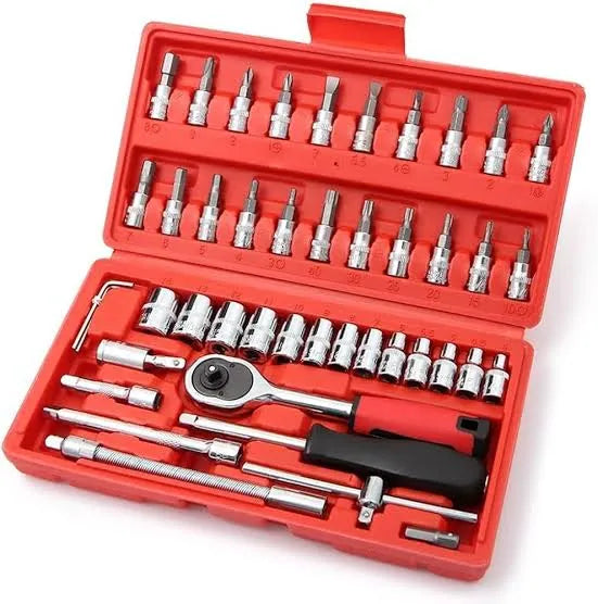 46 PCS Metric Socket Wrench & Bit Set – 1/4" Drive Ratchet Tool Kit with Extension Bar for Car, Bike, and Home Repairs – Durable Storage Case Included